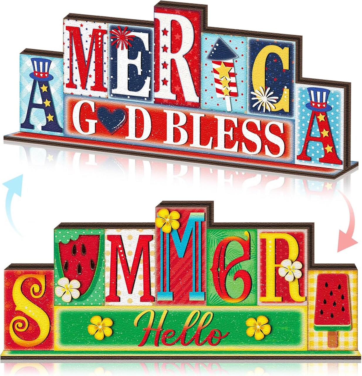 4th of July Summer Table Decor Reversible Patriotic Memorial Day Tabletop Sign Hello Summer Gold Bless America Letter Table Centerpiece Red White Blue Decor